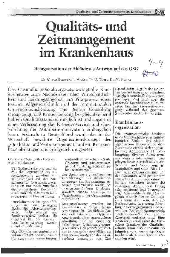 Vorschauseite 1: Qualitätsund Zeitmanagement im Krankenhaus Reorganisation der Abläufe als Antwort auf das GSG