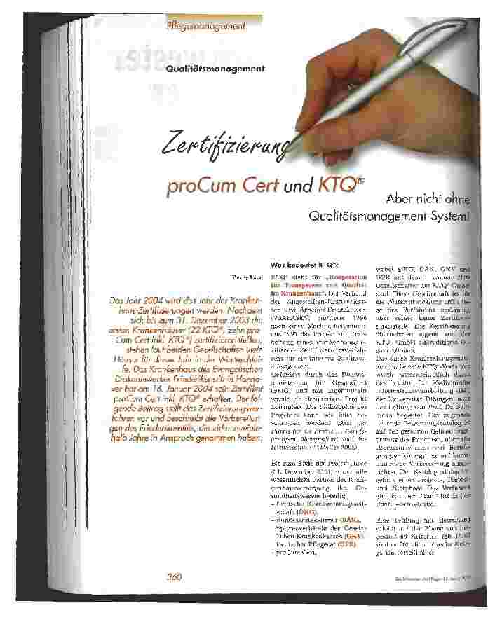 Vorschauseite 1: Zertifizierung proCum Cert und KTQ - Aber nicht ohne Qualitätsmanagement-System! Qualitätsmanagement
