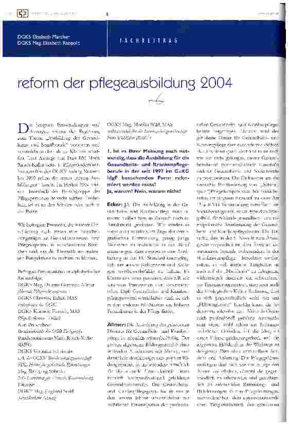 Vorschauseite 1: Reform der Pflegeausbildung 2004