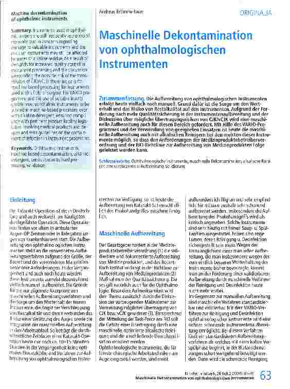 Vorschauseite 1: Maschinelle Dekontamination von ophthalmologischen Instrumenten