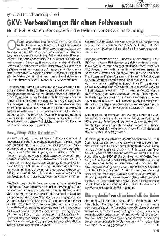 Vorschauseite 1: GKV: Vorbereitungen für einen FeldversuchNoch keine klaren Konzepte für die Reform der GKV-Finanzierung