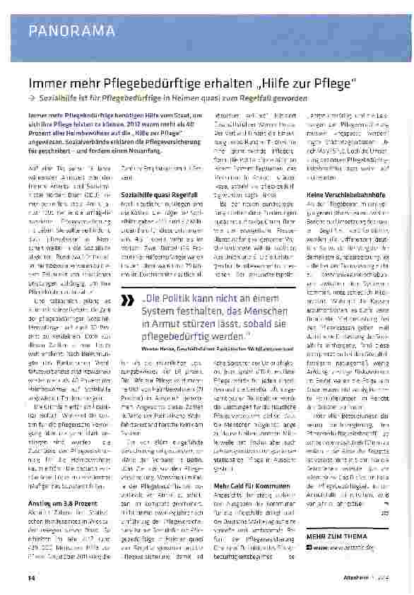 Vorschauseite 1: Immer mehr Pflegebedürftige erhalten „Hilfe zur Pflege