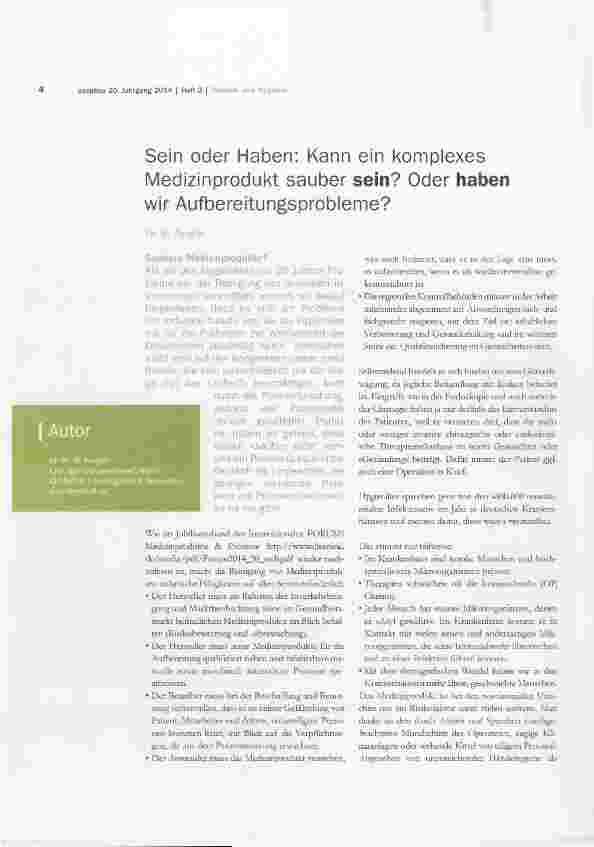 Vorschauseite 1: Sein oder Haben: Kann ein konnplexes Medizin Produkt sauber sein? Oder haben wir Aufbereitungsprobleme?