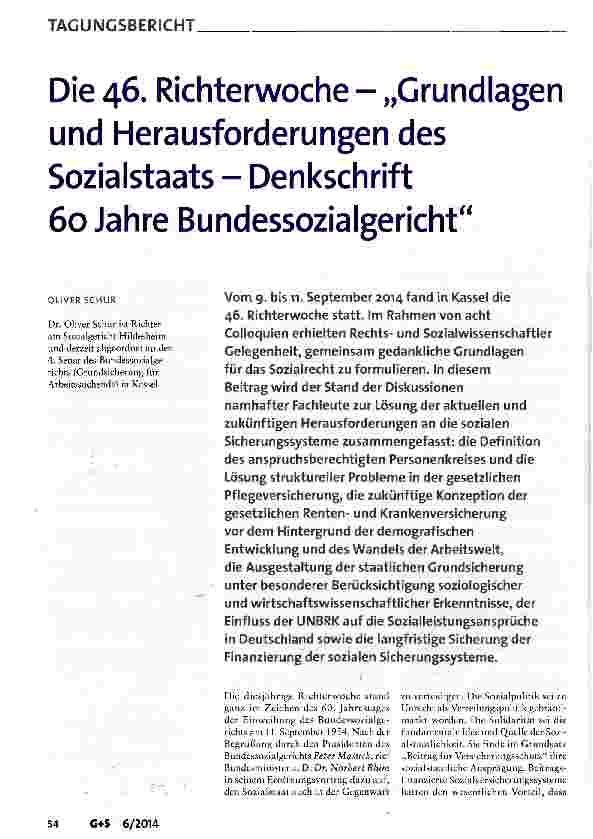 Vorschauseite 1: Die 46. Richterwoche - „Grundlagen und Herausforderungen des Sozialstaats - Denkschrift 60 Jahre Bundessozialgericht