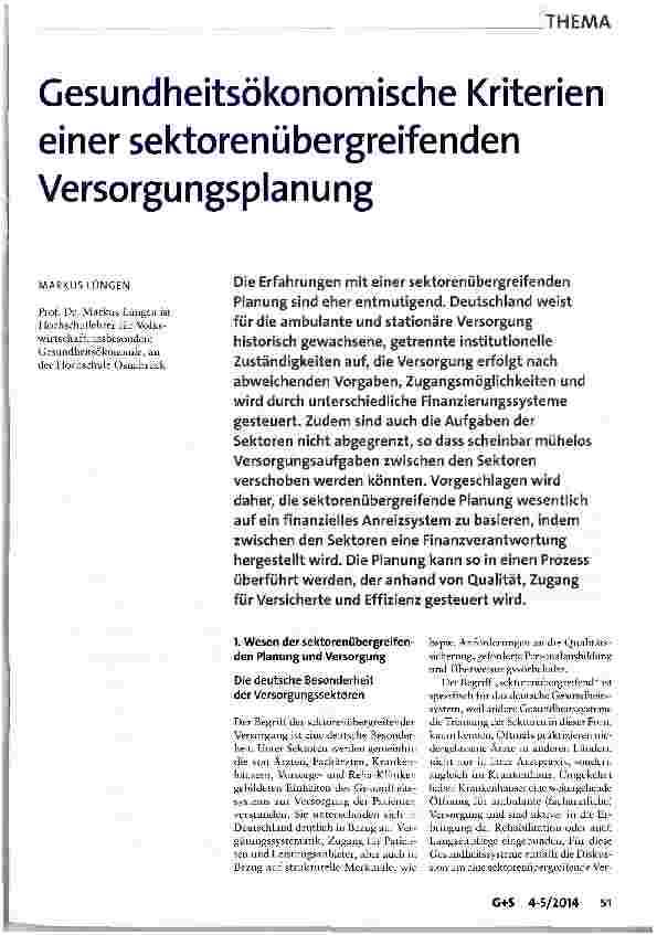 Vorschauseite 1: Gesundheitsökonomische Kriterien einer sektorenübergreifenden Versorgungsplanung