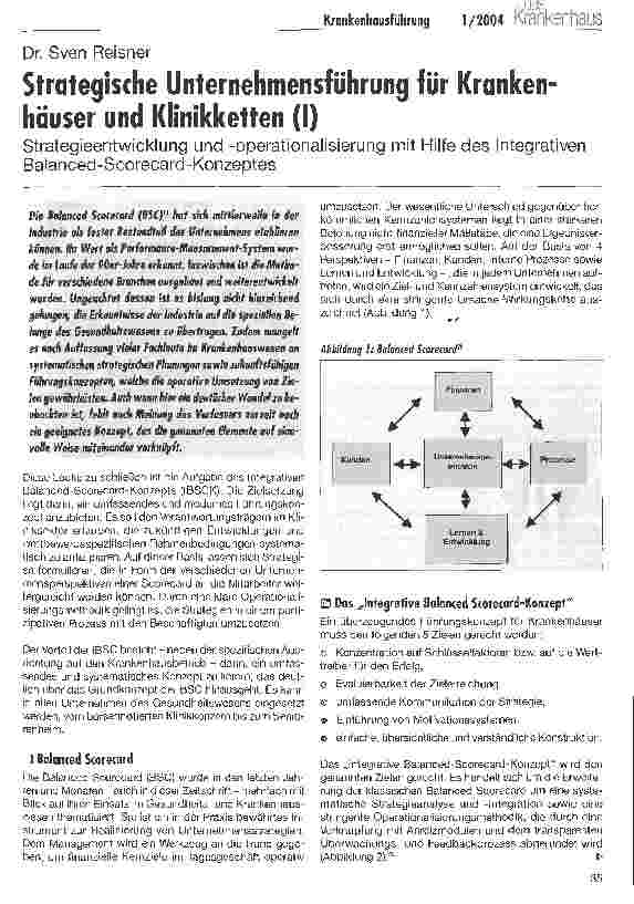 Vorschauseite 1: Strategische Unternehmensführung für Krankenhäuser und Klinikketten (I) Strategieentwicklung und -operationalisierung mit Hilfe des Integrativen Balanced-Scorecard-Konzeptes
