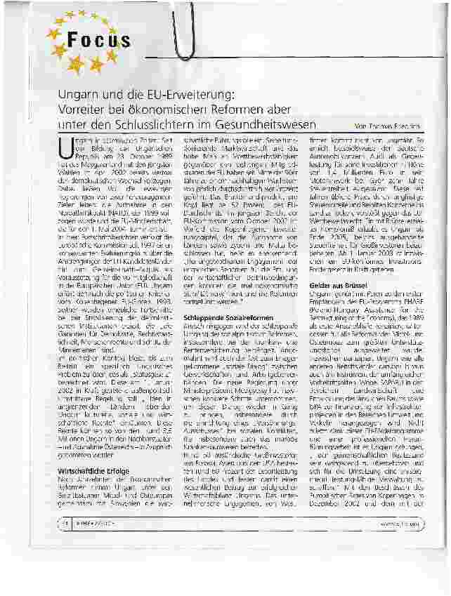 Vorschauseite 1: Ungarn und die EU-Erweiterung: Vorreiter bei ökonomischen Reformen aber unter den Schlusslichtern im Gesundheitswesen