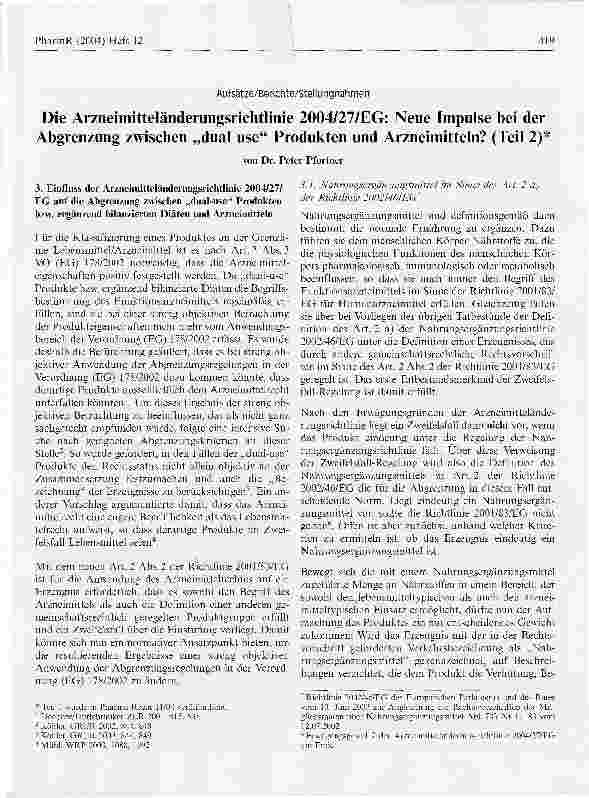 Vorschauseite 1: Die Arzneimitteländerungsrichtlinie 2004/27/EG: Neue Impulse bei der Abgrenzung zwischen dual use Produkten und Arzneimitteln? (Teil 2)
