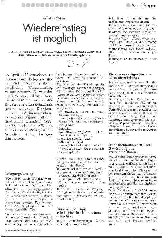 Vorschauseite 1: Wiedereinstieg ist möglich Aktualisierung beruflicher Kompetenz für Krankenschwestern nach der Familienphase
