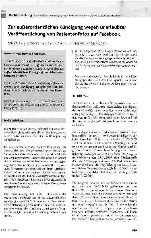 Vorschauseite 1: Zur außerordentlichen Kündigung wegen unerlaubter Veröffentlichung von Patientenfotos auf Facebook BGB § 626 Abs. 1; KSchG § 1 Abs. 1 und 2, § 9 Abs. 1; StGB § 203; BAT § 9; BDSG…