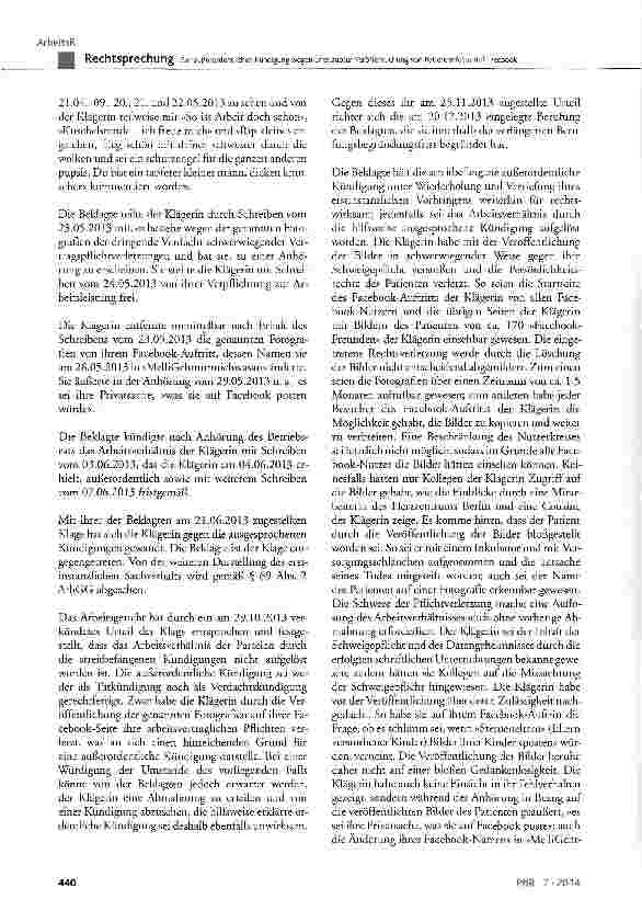 Vorschauseite 2: Zur außerordentlichen Kündigung wegen unerlaubter Veröffentlichung von Patientenfotos auf Facebook BGB § 626 Abs. 1; KSchG § 1 Abs. 1 und 2, § 9 Abs. 1; StGB § 203; BAT § 9; BDSG…