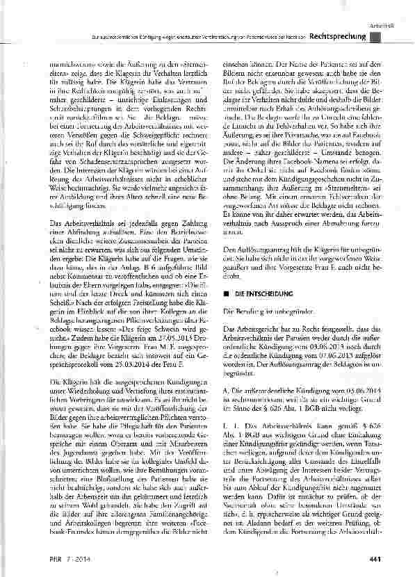 Vorschauseite 3: Zur außerordentlichen Kündigung wegen unerlaubter Veröffentlichung von Patientenfotos auf Facebook BGB § 626 Abs. 1; KSchG § 1 Abs. 1 und 2, § 9 Abs. 1; StGB § 203; BAT § 9; BDSG…