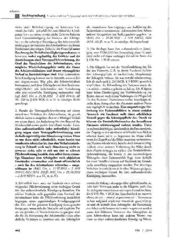 Vorschauseite 4: Zur außerordentlichen Kündigung wegen unerlaubter Veröffentlichung von Patientenfotos auf Facebook BGB § 626 Abs. 1; KSchG § 1 Abs. 1 und 2, § 9 Abs. 1; StGB § 203; BAT § 9; BDSG…