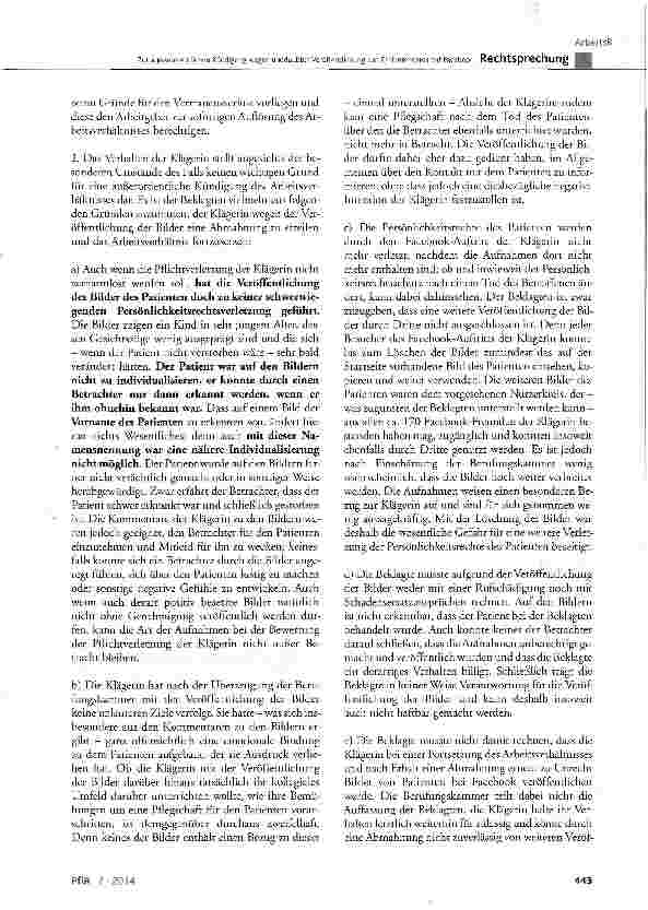 Vorschauseite 5: Zur außerordentlichen Kündigung wegen unerlaubter Veröffentlichung von Patientenfotos auf Facebook BGB § 626 Abs. 1; KSchG § 1 Abs. 1 und 2, § 9 Abs. 1; StGB § 203; BAT § 9; BDSG…