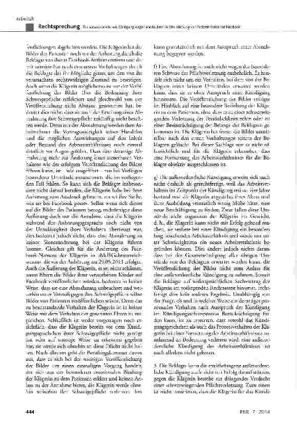Vorschauseite 6: Zur außerordentlichen Kündigung wegen unerlaubter Veröffentlichung von Patientenfotos auf Facebook BGB § 626 Abs. 1; KSchG § 1 Abs. 1 und 2, § 9 Abs. 1; StGB § 203; BAT § 9; BDSG…