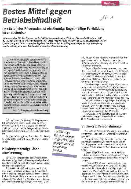 Vorschauseite 1: Bestes Mittel gegen Betriebsblindheit Das Urteil der Pflegenden ist einstimmig: Regelmäßige Fortbildung ist unabdingbar Umfrage