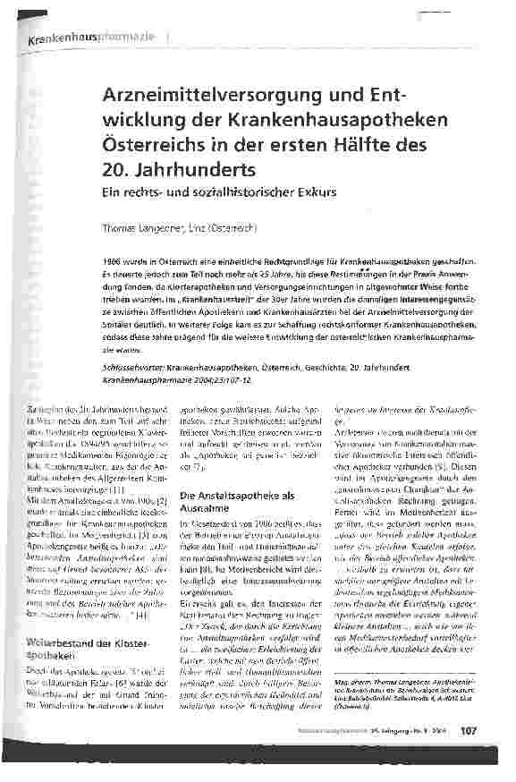 Vorschauseite 1: Arzneimittelversorgung und Entwicklung der Krankenhausapotheken Österreichs in der ersten Hälfte des 20. Jahrhunderts