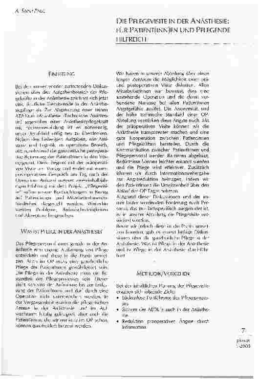Vorschauseite 1: DIE PFLEGEVISITE IN DER ANÄSTHESIE: FÜR PATIENT(INN)EN UND PFLEGENDE HILFREICH