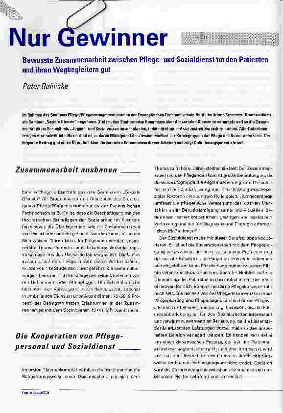 Vorschauseite 1: Nur GewinnerBewusste Zusammenarbeit zwischen Pflegeund Sozialdienst tut den Patienten und ihren Wegbegleitern gut