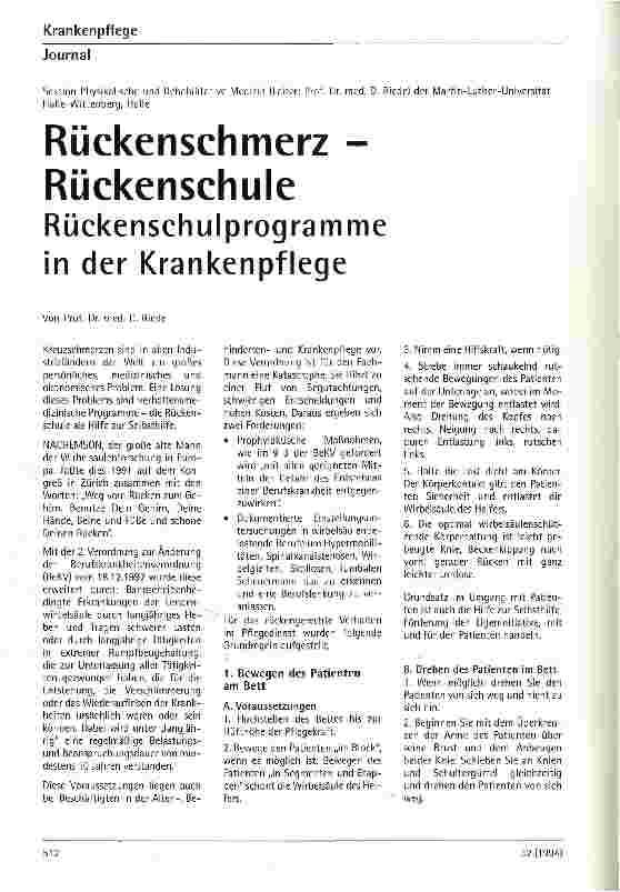 Vorschauseite 1: Rückenschmerz - Rückenschule Rückenschulprogramme in der Krankenpflege