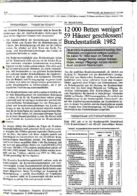 Vorschauseite 1: 12000 Betten weniger! 59 Häuser geschlossen Bundesstatistik 1982