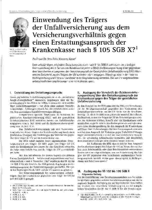 Vorschauseite 1: Einwendung des Trägers der Unfallversicherung aus dem Versicherungsverhältnis gegen einen Erstattungsanspruch der Krankenkasse nach § 105 SGB X?