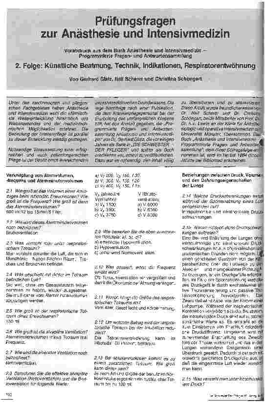 Vorschauseite 1: Prüfungsfragen zur Anästhesie und Intensivmedizin 2. Folge Künstliche Beatmung, Technik, Indikation