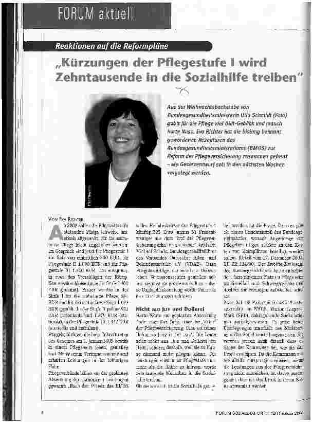 Vorschauseite 1: Kürzungen der Pflegestufe I wird Zehntausende in die Sozialhilfe treiben