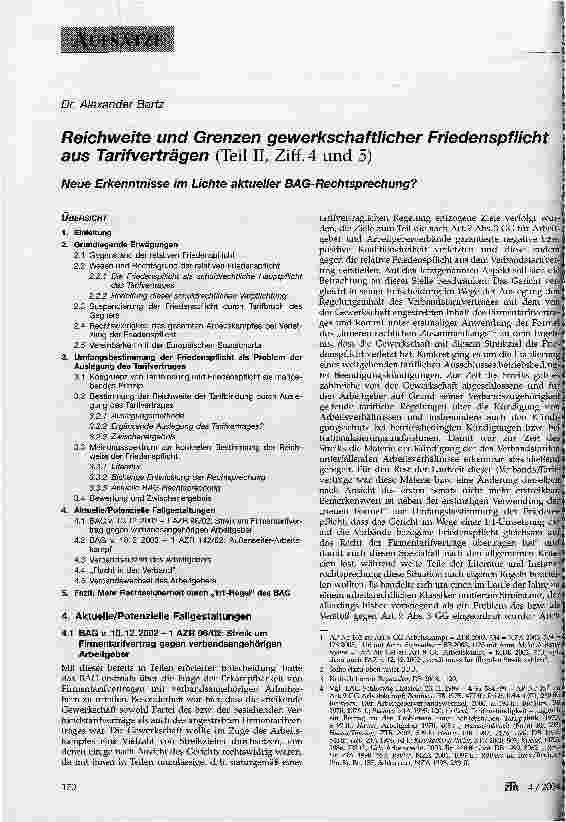 Vorschauseite 1: Reichweite und Grenzen gewerkschaftlicher Friedenspflicht aus Tarifverträgen (Teil II, Ziff. 4 und 5)