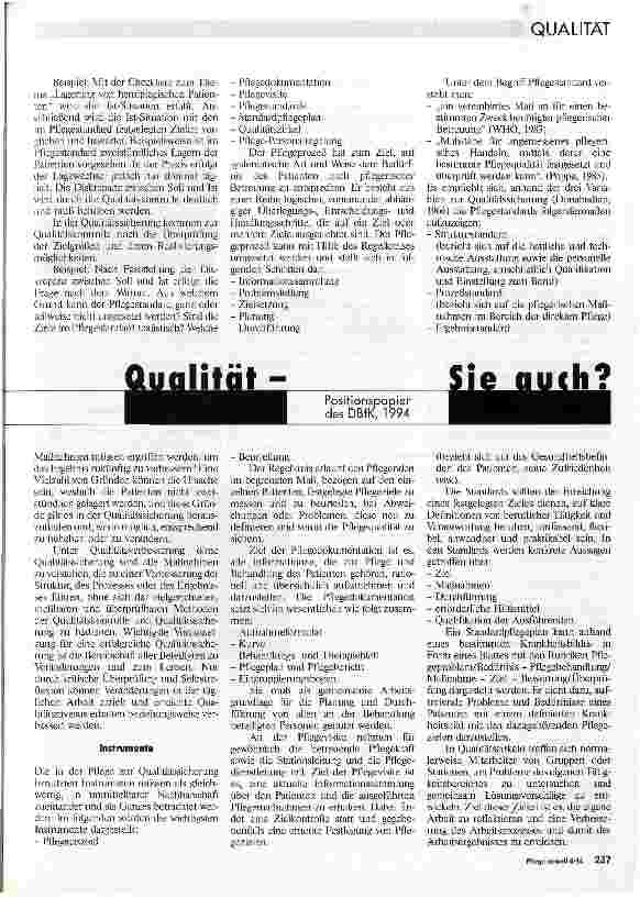 Vorschauseite 2: Wir wollen Qualität - Sie auch? Qualitätssicherung in der Pflege Positionspapier d.DBfK, 1994