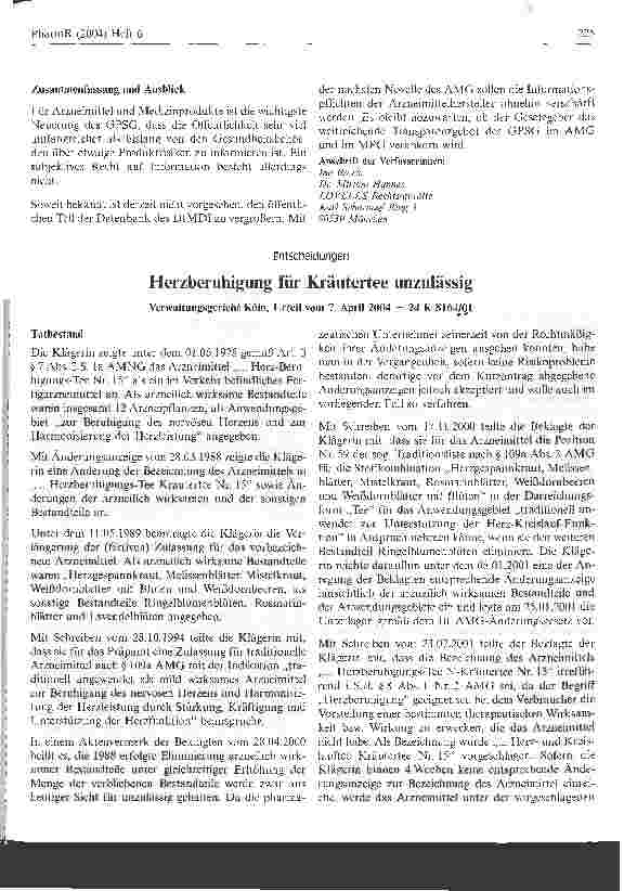 Vorschauseite 1: Herzberuhigung für Kräutertee unzulässigVerwaltungsgericht Köln, Urteil vom 7. April 2004 - 24 K 8164/01