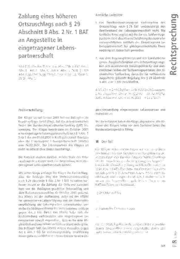 Vorschauseite 1: Zahlung eines höheren Ortszuschlags nach § 29 Abschnitt BAbs. 2 Nr. 1 B AT an Angestellte in eingetragener Lebenspartnerschaft