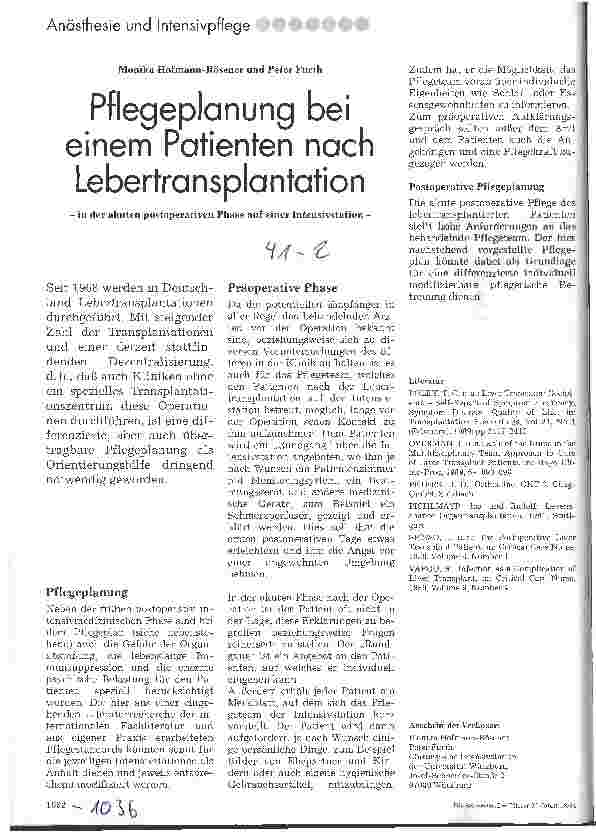 Vorschauseite 1: Pflegeplanung bei einem Patienten nach Lebertransplantation in der akuten postoperativen Phase auf einer Intensivstation