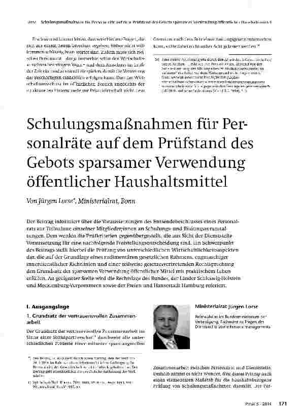 Vorschauseite 1: Schulungsmaßnahmen für Personalräte auf dem Prüfstand des Gebots sparsamer Verwendung öffentlicher Haushaltsmittel