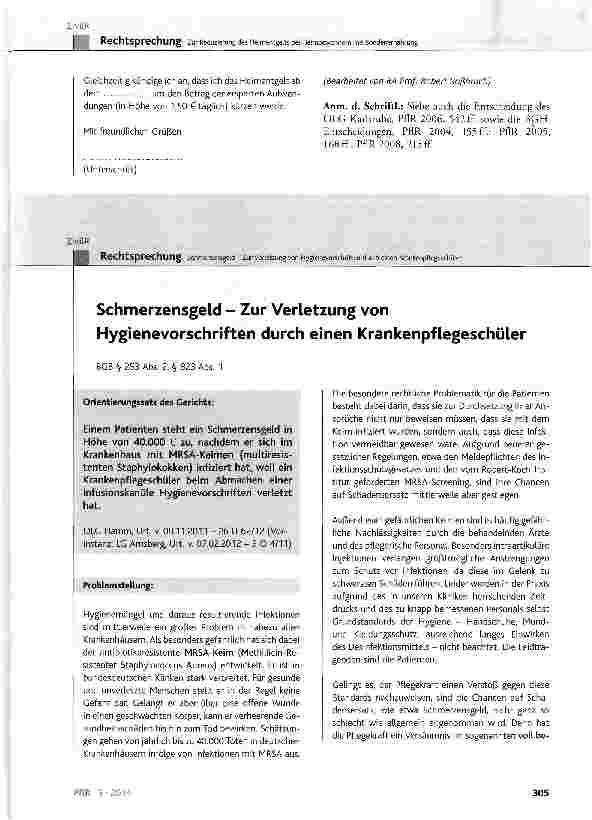 Vorschauseite 1: Schmerzensgeld - Zur Verletzung von Hygienevorschriften durch einen KrankenpflegeschülerBGB § 253 Abs. 2, § 823 Abs. 1
