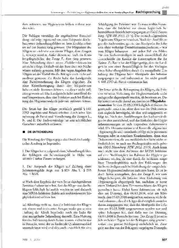 Vorschauseite 3: Schmerzensgeld - Zur Verletzung von Hygienevorschriften durch einen KrankenpflegeschülerBGB § 253 Abs. 2, § 823 Abs. 1