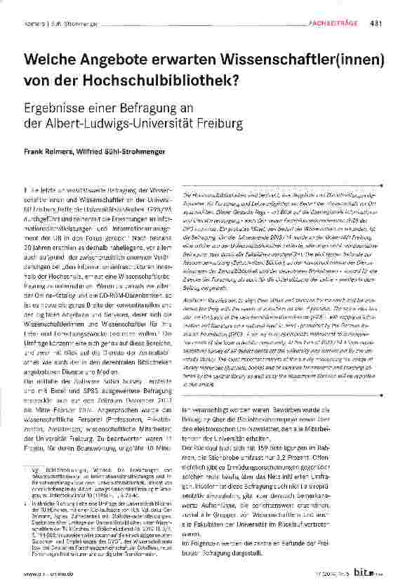 Vorschauseite 1: Welche Angebote erwarten Wissenschaftler(innen) von der Hochschulbibliothek? Ergebnisse einer Befragung ander Albert-Ludwigs-Universität Freiburg