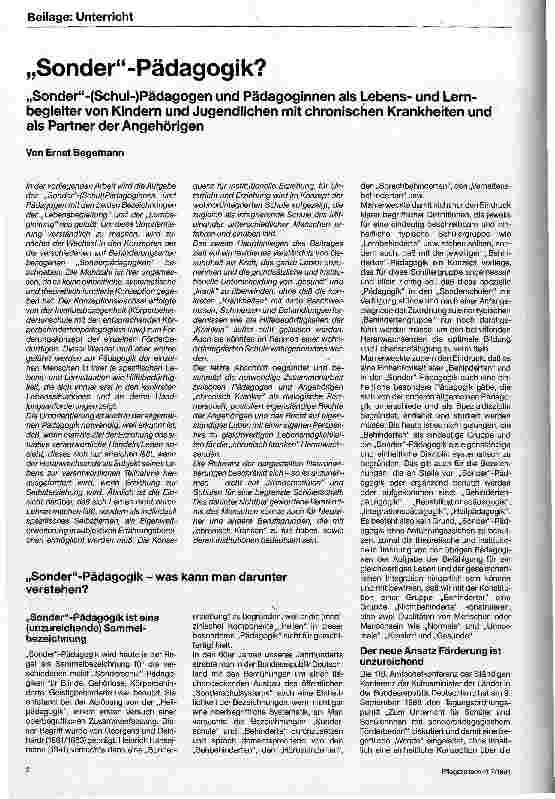 Vorschauseite 1: Sonder-Pädagogik? Sonder-(Schul)Pädagogen und Pädagoginnen als Lebensund Lernbegleiter von Kindern und Jugendlichen mit chronischen Krankheiten und als Partner der Angehörigen