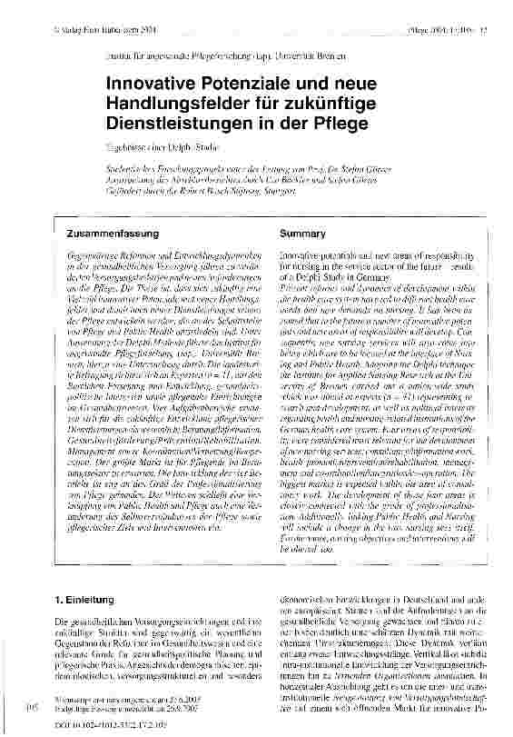 Vorschauseite 1: Innovative Potenziale und neue Handlungsfelder für zukünftige Dienstleistungen in der Pflege