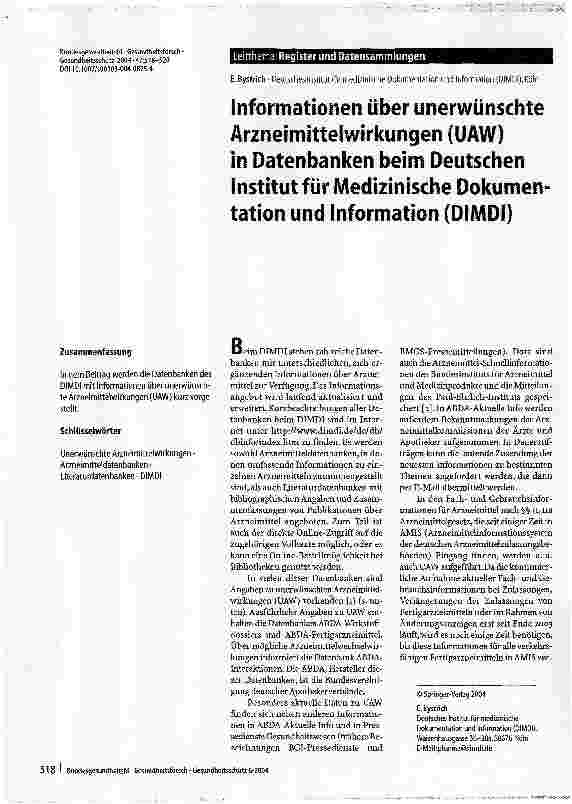 Vorschauseite 1: Informationen über unerwünschte Arzneimitteiwirkungen (UAW) in Datenbanken beim Deutschen Institut für Medizinische Dokumentation und Information (DIMDI)