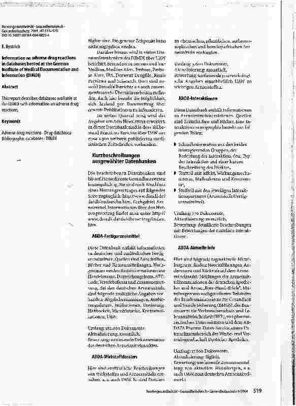 Vorschauseite 2: Informationen über unerwünschte Arzneimitteiwirkungen (UAW) in Datenbanken beim Deutschen Institut für Medizinische Dokumentation und Information (DIMDI)