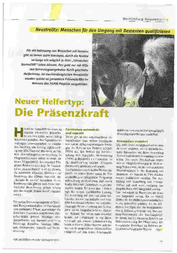 Vorschauseite 1: Neuer Helfertyp: die PräsenzkraftNeustrelitz: Menschen für den Umgang mit Dementen qualifizieren