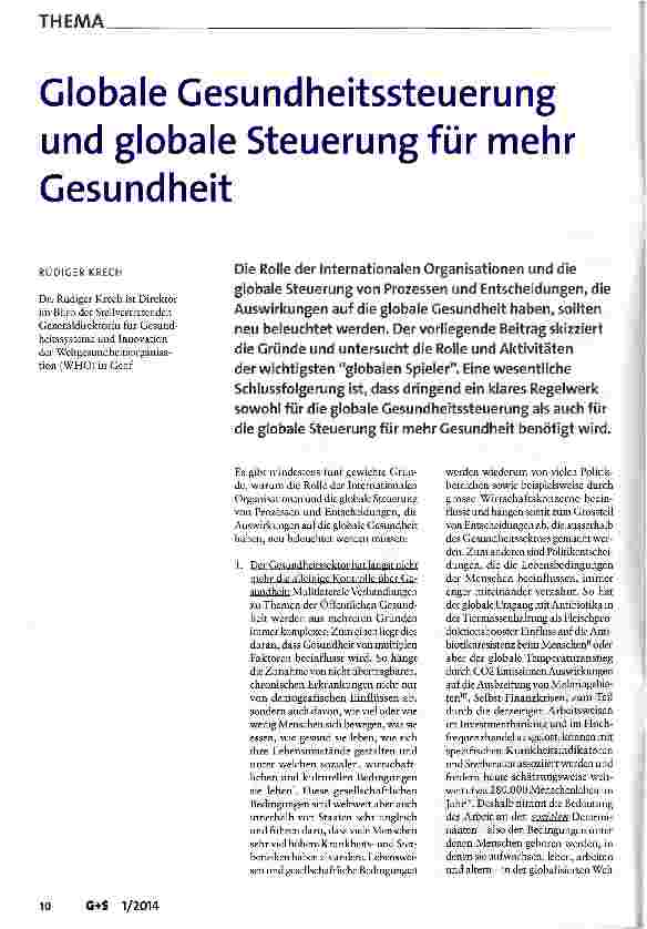 Vorschauseite 1: Globale Gesundheitssteuerung und globale Steuerung für mehr Gesundheit