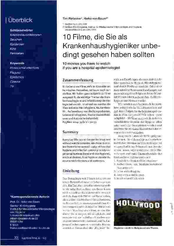 Vorschauseite 1: 10 Filme, die Sie als Krankenhaushygieniker unbe dingt gesehen haben sollten