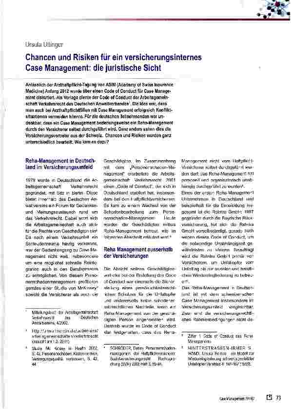 Vorschauseite 1: Chancen und Risiken für ein versicherungsinternes Case Management: die juristische Sicht