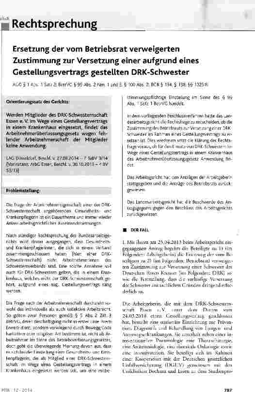 Vorschauseite 1: Ersetzung der vom Betriebsrat verweigerten Zustimmung zur Versetzung einer aufgrund eines Gestellungsvertrags gestellten DRK-Schwester