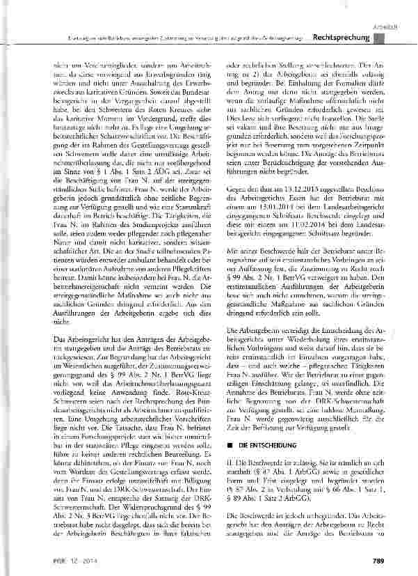 Vorschauseite 3: Ersetzung der vom Betriebsrat verweigerten Zustimmung zur Versetzung einer aufgrund eines Gestellungsvertrags gestellten DRK-Schwester