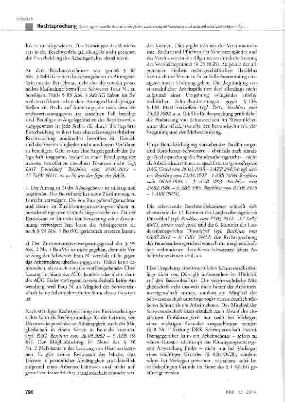 Vorschauseite 4: Ersetzung der vom Betriebsrat verweigerten Zustimmung zur Versetzung einer aufgrund eines Gestellungsvertrags gestellten DRK-Schwester