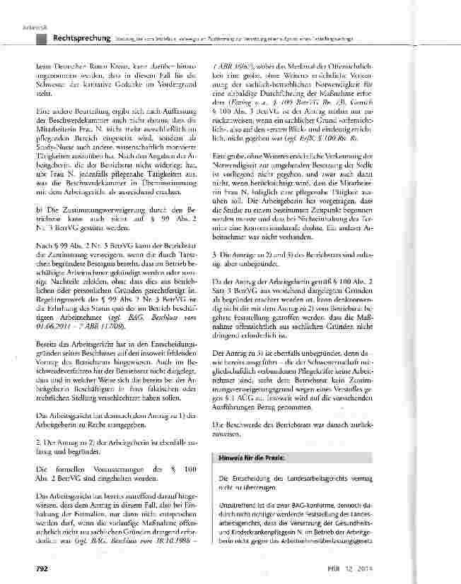 Vorschauseite 6: Ersetzung der vom Betriebsrat verweigerten Zustimmung zur Versetzung einer aufgrund eines Gestellungsvertrags gestellten DRK-Schwester