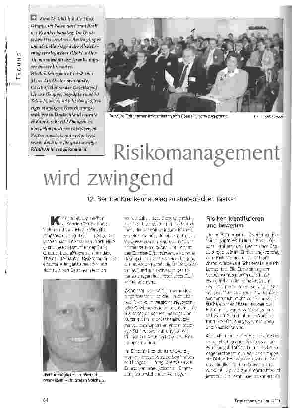 Vorschauseite 1: Risikomanagement wird zwingend 12. Berliner Krankenhaustag zu strategischen Risiken